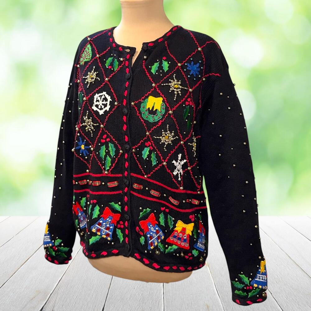 Vtg DESIGNERS ORIGINALS Embroidered Christmas Cardigan Hand Beaded Bells Sz L